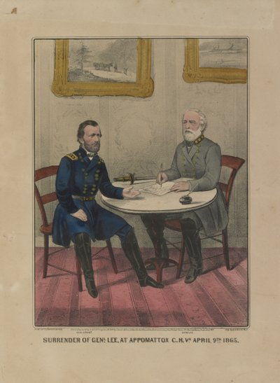 استسلام جينل. Lee ، في Appomattox CH Va. 9 أبريل. 1865 (طباعة حجرية ملونة) بواسطة كوريير وآيفز