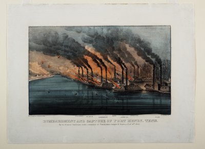القصف والاستيلاء على فورت هنري ، تين ، c.1862 بواسطة N. and Ives، JM Currier