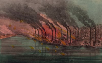 قصف واستيلاء على فورت هنري بواسطة زوارق حربية اتحادية ، 1862 بواسطة N. and Ives، JM Currier