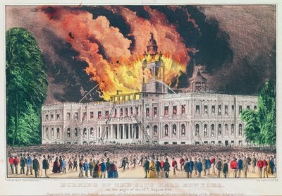 حرق قاعة المدينة ، نيويورك ، ليلة 17 أغسطس 1858 بواسطة N. and Ives، JM Currier
