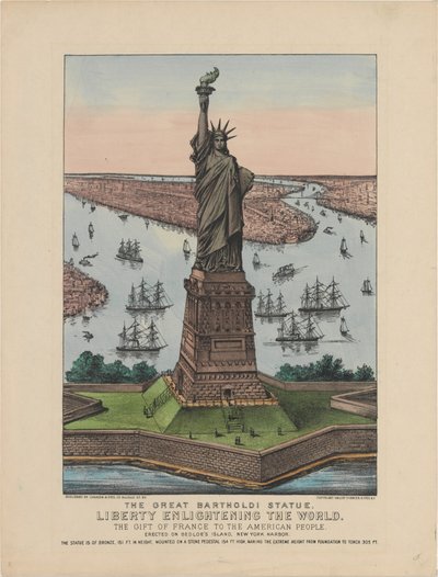 تمثال بارتولدي العظيم - الحرية تنير العالم ، 1885 (طباعة حجرية ملونة) بواسطة N. and Ives، JM Currier