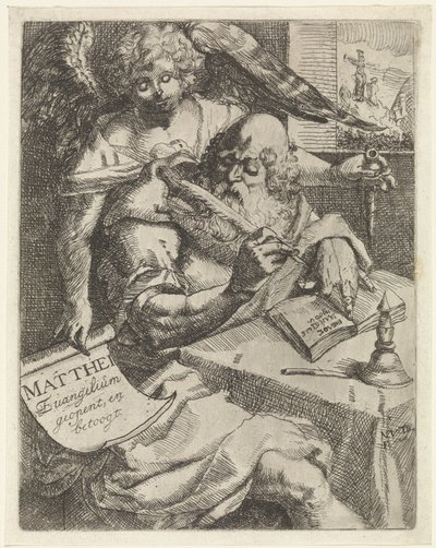 ماثيو الإنجيلي يفتح Matthei Evangelium ويجادل (العنوان على الكائن) صفحة العنوان لـ: S. van Til ، Het euangelium des H. apostles Matthæi (...) افتتحت بملاحظات موجزة ، 1687 بواسطة ويدوي جاسبر غوريس