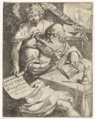 ماثيو الإنجيلي يفتح Matthei Evangelium ويجادل (العنوان على الكائن) صفحة العنوان لـ: S. van Til ، Het euangelium des H. apostles Matthæi (...) افتتحت بملاحظات موجزة ، 1687 بواسطة ويدوي جاسبر غوريس