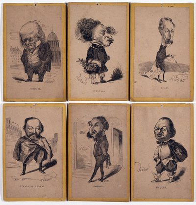 6 صور المسؤول: بيير جان دي بيرانجر (1780-1857) مؤلف الأغاني الفرنسي ، ألكسندر دوماس فيلس (1824-1895) ، لويس أدريان هوارت (1813-1865) صحفي فرنسي ، كاتب ومخرج مسرحي ، جيرارد دي نيرفال (1808-1855) ، الكاتب الفرنسي تشارلز ماتاريل دي فاي بواسطة نادار