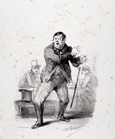 كوميديون على خشبة المسرح. لوحة مُدرجة في ألبوم "Les Ficelles Dramatiques deroulees by Berthelier of the Comic Opera Opera" (الطباعة الحجرية) بواسطة نادار