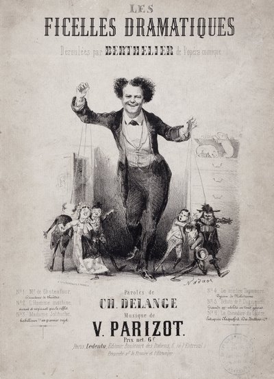 صورة جان بيرتيلير (1830-1888) ممسكًا بأبناء الدمى. ألبوم "Les Ficelles Dramatiques deroulees by Berthelier of the Comic Opera" بواسطة نادار