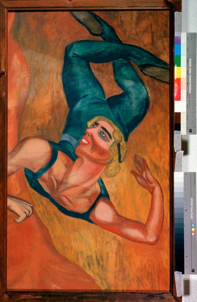 صوت (قفزة) - بهلوان يؤدي قفزة ، ووجه مبتسم ، وجسم مرن مشوه من خلال الوضع المعلق في الهواء - لوحة لناديزدا فلاديميروفنا ليرمونتوفا (1885-1921) ، زيت على قماش بواسطة Nadezhda Vladimirovna Lermontova