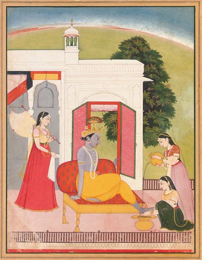 أقدام كريشنا تغسلها الخادمات ، تلال البنجاب ، باشولي ، حوالي 1780 بواسطة Nainsukh