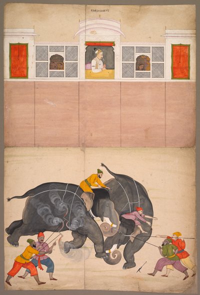 اثنان من الفيلة يقاتلون في فناء قبل محمد شاه ، ج. 1730-40. بواسطة Nainsukh