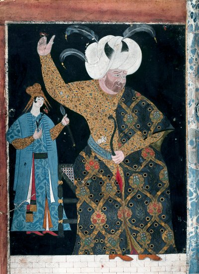 الإمبراطورية العثمانية: "" صورة السلطان سليم الثاني الملقب بالسكر أو ساري الأشقر (1524-1574) "لوحة مائية منسوبة إلى ريس حيدر نقيب ديت نيجاري (1494-1572) (TKS 2134 ، الصحيفة 3 ب) اسطنبول ، توبكابي سراي بواسطة نقب دعا نيجاري ريس حيدر