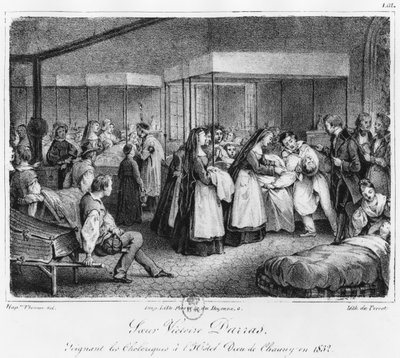الأخت فيكتوار داراس ترعى ضحايا الكوليرا في فندق ديو تشوني ، 1832 بواسطة نابليون توماس