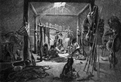 كوخ زعيم قبيلة ماندان - (من الداخل) من مساكن الأمريكيين الأصليين بواسطة نارسيس إدموند جوزيف ديسمادريل