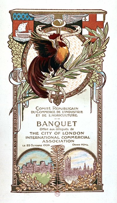الديك والآثار ، قائمة مأدبة من اللجنة الجمهورية للتجارة والصناعة والزراعة عرضت 22.11.1906 لمندوبي الاتحاد التجاري الدولي لمدينة لندن بواسطة ناثان ويل