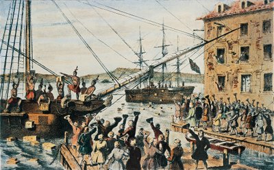 حفلة شاي بوسطن ، صناديق الشاي الإنجليزية ألقيت في البحر في ميناء بوسطن من قبل المستعمرين ، 16 ديسمبر بواسطة ناثانيال (بعد) كورير