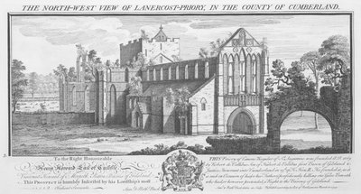"المنظر الشمالي الغربي لـ Lanercost Priory في مقاطعة كمبرلاند" ، ١٧٣٩ بواسطة ناثانيال باك