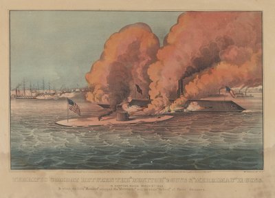معركة رائعة بين مسدسات المراقبة 2 و Merrimac 11 Guns - في هامبتون طرق مارس ... ، 1862. المؤلفون: ناثانيال كوريير ، جيمس ميريت آيفز ، كوريير وآيفز. بواسطة كوريير وآيفز