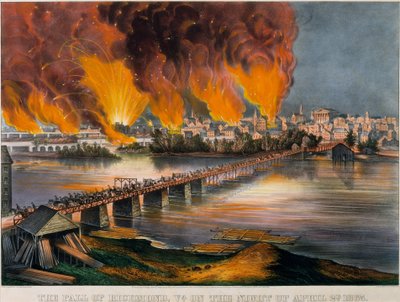 سقوط ريتشموند ، فيرجينيا ، ليلة الثاني من أبريل ، 1865 ، 1865. ، 1865. المؤلفون: ناثانيال كوريير ، جيمس ميريت آيفز ، كوريير وآيفز. بواسطة كوريير وآيفز