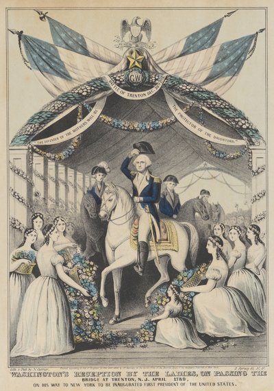حفل استقبال واشنطن من قبل السيدات عند عبور الجسر في ترينتون ، نيوجيرسي ، أبريل 1789 ، أو ... ، 1845. بواسطة ناثانيل كورير