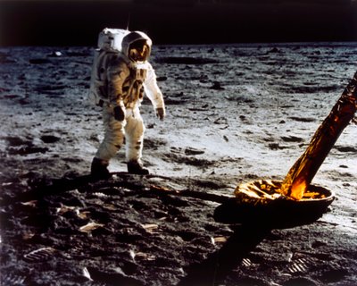 باز ألدرين من ساق المركبة القمرية ، مهمة أبولو الثانية ، يوليو 1969. بواسطة نيل أرمسترونغ