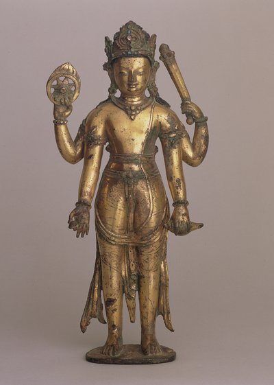 تمثال صغير للإله الهندوسي فيشنو ، حوالي 1200 (برونز نحاسي مرتفع ، محفور ، مذهب ، مرصع بالأحجار الكريمة ومطلي) بواسطة المدرسة النيبالية