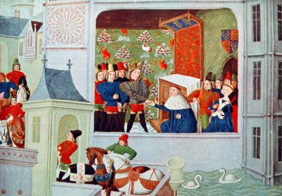 Harl 4380 f.117 مقابلة مع ريتشارد الثاني ودوق غلوستر في قلعة بليشي ، من "تاريخ فرويسارت" بواسطة المدرسة الهولندية