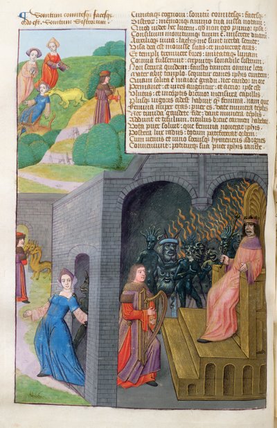 Ms 324 f.101 ضد Orpheus و Eurydice ، و Cerberus و Pluto ، من Metamorphoses 10 بواسطة Ovid ، 1479 بواسطة المدرسة الهولندية