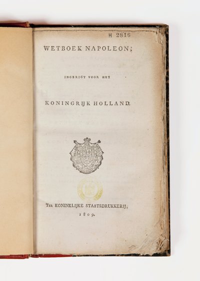 كود نابليون لمملكة هولندا ، مفتوح في صفحة العنوان ، نشر Koninklijke Staatsdrukkerij ، 1809 (ورق مطبوع) بواسطة المدرسة الهولندية