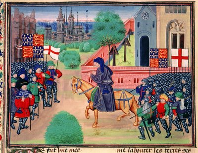 Roy 18 E I f.165v ثورة الفلاحين التي تظهر رايات إنجلترا وسانت جورج ، يظهر جون بول يقود المتمردين ، رسم توضيحي من "Chroniques de France et d
