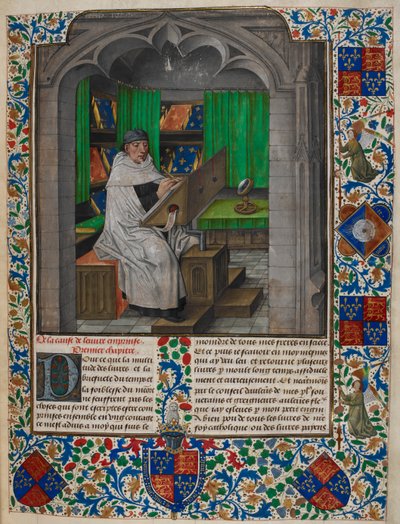 Royal 14 E.I f.3 Vincent de Beauvais يقرأ على مكتبه ، من "Speculum Historiale ، الكتاب الأول" ، بقلم فنسنت أوف بوفيه وجان دي فيجناي (ورق) بواسطة المدرسة الهولندية