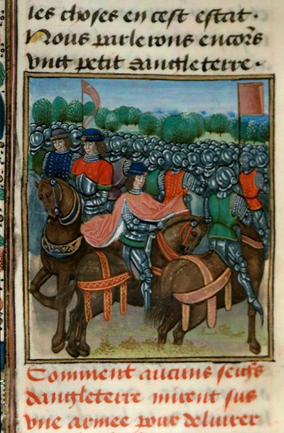 النسخة الملكية 18 E.II ، صفحة 411v ، تمرد ضد هنري الرابع (1367-1413) من الكتاب الرابع من "Chroniques de France et d