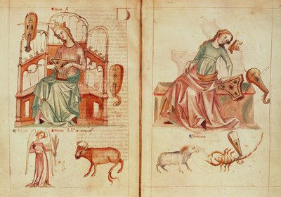 Sloane MS 3983 fol.42v-43 Venus تعزف على آلة بعلاماتها الحاكمة وفي ضرر ، من "Liber Astrologiae" (ورق) بواسطة المدرسة الهولندية