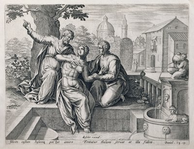 سوزانا والحكماء ، من سلسلة توضح مشاهد من الكتاب المقدس ، حانة. بقلم كلايس جانز فيشر (c.1550-c.1612) c.1590 بواسطة المدرسة الهولندية