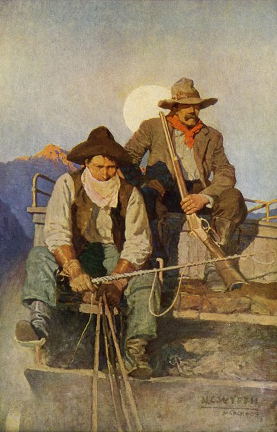سائق وحارس مع جيش يعبر المناطق الغربية. إعادة إنتاج لوحة لـN.C. Wyeth. بواسطة نيويل كونفيرس ويث