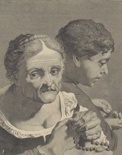 نسخة معكوسة لامرأة عجوز مع مسبحة وصبي يعد العملات المعدنية ، اللوحة 10 فر ... ، كاليفورنيا. 1750-90. بواسطة نيكولو كافالي