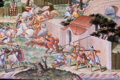 تفاصيل اللوحة الجصية في قاعة المعارك في معركة لا هيغيرويلا عام 1431 (في الهواء الطلق) بواسطة نيكولو (وورشة عمل) جرانيلو