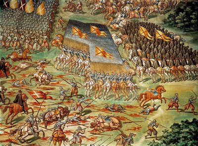 معركة سانت كوينتين (سانت كوينتين) ، التي شهدت انتصار الإسبان على الفرنسيين عام 1557 ، أثناء الحروب الإيطالية ، بالتفصيل مع هجوم بسلاح الفرسان بواسطة نيكولو (وورشة عمل) جرانيلو