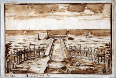 كولونيد "معرض المنحنيات" في جيتواي في بيترهوف. المشروع - نيكولا ميشيتي (1675-1759). قلم حبر بني هندي على ورق بواسطة نيكولو ميشتي