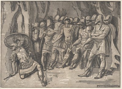 أياكس أسفل اليسار يحمل درعًا عالياً ، على اليمين يقف أجاممنون محاطًا به ... ، 1540-50. بواسطة نيكولو فيسينتينو
