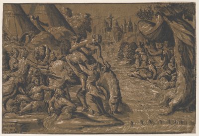 كلويليا البطل الروماني في الوسط يتم مساعدته على حصان ، روما في الخلفية ، ... ، 1540-50 بواسطة نيكولو فيسينتينو