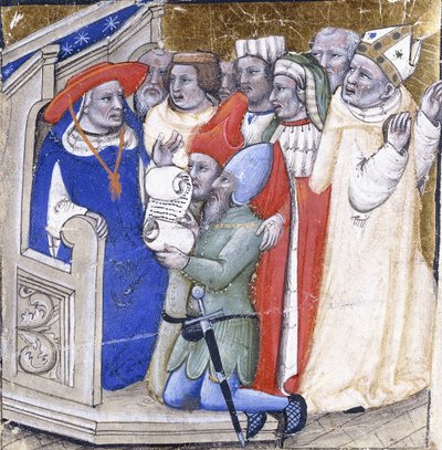 كاردينال يجلس في الحكم على أسقف ، متهم من قبل شخصين عاديين ، حوالي عام 1380 (طلاء وأوراق ذهبية على ورق رقي) بواسطة نيكولو دي جياكومو