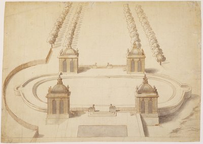 تصميم لـ Bowling Green ، Hampton Court ، c.1689-91 (قلم وحبر بني ، غسيل وغرافيت على ورق) بواسطة نيكولاس هوكسمور