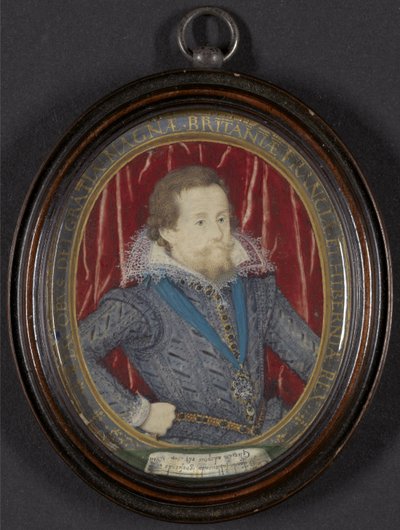 جيمس الأول ملك إنجلترا والسادس ملك اسكتلندا ، حوالي عام 1610 (ث - ج ، غواش وذهب ، قلم وحبر أسود على ورق) بواسطة نيكولاس هيليارد
