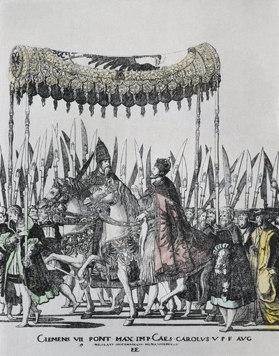 HOGENBERG, Nicolas (1500-1539). The Coronation of Charles V in Bologna. CHARLES V (1500-1558). Holy Roman Emperor (1519-1556) and King of Spain (1516-1556), as Charles I.; CLEMENT VII (1478-1534). Pope between 1523 and 1534. Engraving بواسطة نيكولاس هوجينبرغ