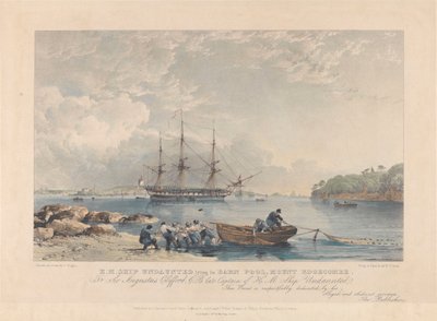 مطبوعة حجرية للسفينة "Undaunted" (1807) الراقدة في بركة الحظيرة، جبل إدجكومب، حوالي 1797-1811 (مطبوعة حجرية، ملونة) بواسطة نيكولاس ماثيوز (بعد) كوندي
