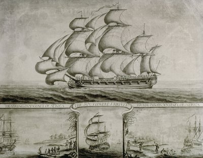 منظر لفرقاطة ساوثويل التجارية على ساحل إفريقيا، حوالي عام 1760 (قلم وحبر وغسل) بواسطة نيكولاس بوكوك
