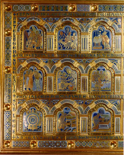 مذبح فردان المصنوع من الذهب والمينا بواسطة نيكولاس دي فردان (حوالي 1130 / 50-1205): مشاهد من العهد القديم والعهد الجديد (عبور البحر الأحمر ، الملك ملكي صادق (ملكي صادق أو ملكي صادق أو ملكي صادق أو ملكي تصدق أو ملكي تصديق) ، معمودية المسيح ، ر بواسطة نيكولاس فردان