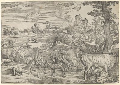 منظر طبيعي مع خادمة حليب على اليمين وصبي على اليسار ، كاليفورنيا. 1535-40. ، كاليفورنيا. 1535-40. بواسطة نيكولو بولدريني