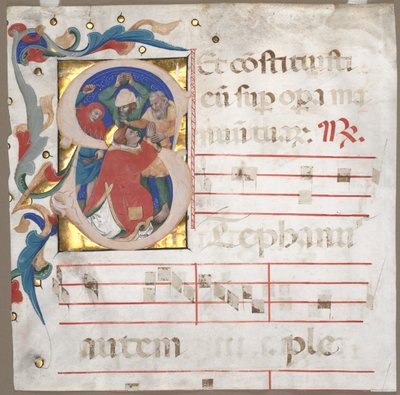 جزء من Antiphonary مع الأحرف الأولى التاريخية S: رجم القديس ستيفن ، ج. 1370-1372. بواسطة نيكولو دا بولونيا