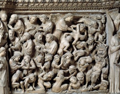الفن القوطي: الحكم الأخير ، ملعون في الجحيم ، تفاصيل نقوش المنبر بواسطة نيكولا بيسانو