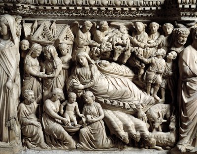 Gothic Art and Architecture: Visitation and Nativity - Detail of the bas-reliefs of the Marble Desk that Nicola Pisano (1215/20-1278/84) made between 1266 and 1268 (Marble pulpit details, visitation and nativity) Cathedrale Notre-Dame-de-l